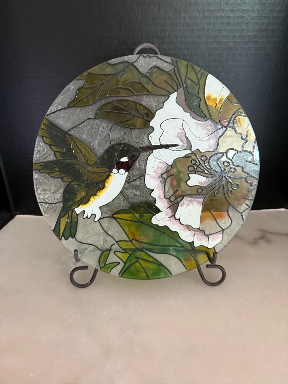 Handcrafted Hummingbird Floral Stained Glass Decorative Plate & easel
